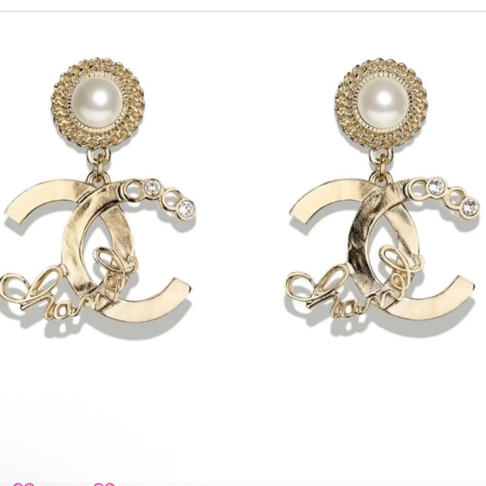 Chanel Gold Metal Pearl Crystal Drop Earrings